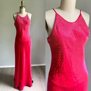 Vintage 90s Y2K Hot Pink Beaded Formal Gown Dress 8P Barbie Pageant Prom Evening
